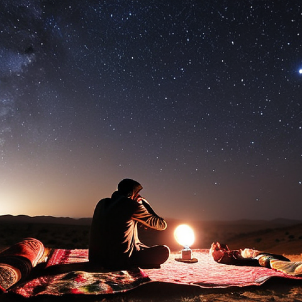 A serene night picnic scene in a remote, rural area of Sindh, Pakistan, far from city lights. The sky is a breathtaking expanse, densely packed with stars like a cosmic carpet. A group of Pakistani friends or family members are comfortably seated on traditional mats and blankets, gazing up. A telescope or binoculars are set up, pointed towards the celestial display, with one person perhaps looking through it. A subtle red-light flashlight illuminates a star chart or a mobile app showing constellations. The mood is one of quiet awe, deep connection with the universe, and natural tranquility.