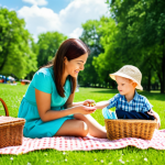 **

"A family-friendly summer picnic scene in a lush green park, safe for work, appropriate content. A mother is applying sunblock to her child's arm. Both are fully clothed in modest, colorful summer attire. A picnic basket, blanket, and other picnic essentials are visible in the background. Perfect anatomy, correct proportions, natural pose, professional photography, bright sunny day, high quality."

**