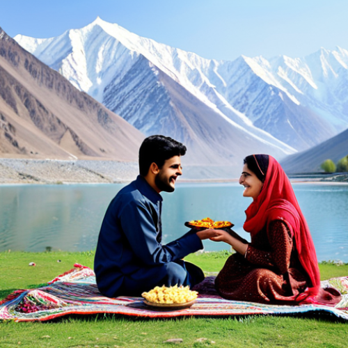 Home 24 **
"A couple, fully clothed in modest traditional Pakistani clothing, enjoying a picnic by a serene lake in northern Pakistan, with snow-capped mountains in the background. They are smiling and holding hands, surrounded by a colorful picnic blanket and traditional Pakistani snacks. Safe for work, appropriate content, family-friendly, perfect anatomy, natural proportions, professional photography, high quality, clear details."
**
