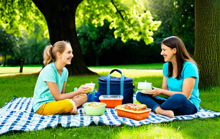 **

"A family-friendly picnic scene in a lush green park, featuring a fully clothed family enjoying a meal spread out on a blanket. A soft thermal bag sits nearby, filled with food containers and water bottles. Focus on the joy and togetherness of the family. Safe for work, appropriate content, fully clothed, professional photography, perfect anatomy, natural proportions, bright and cheerful lighting, high quality."

**
